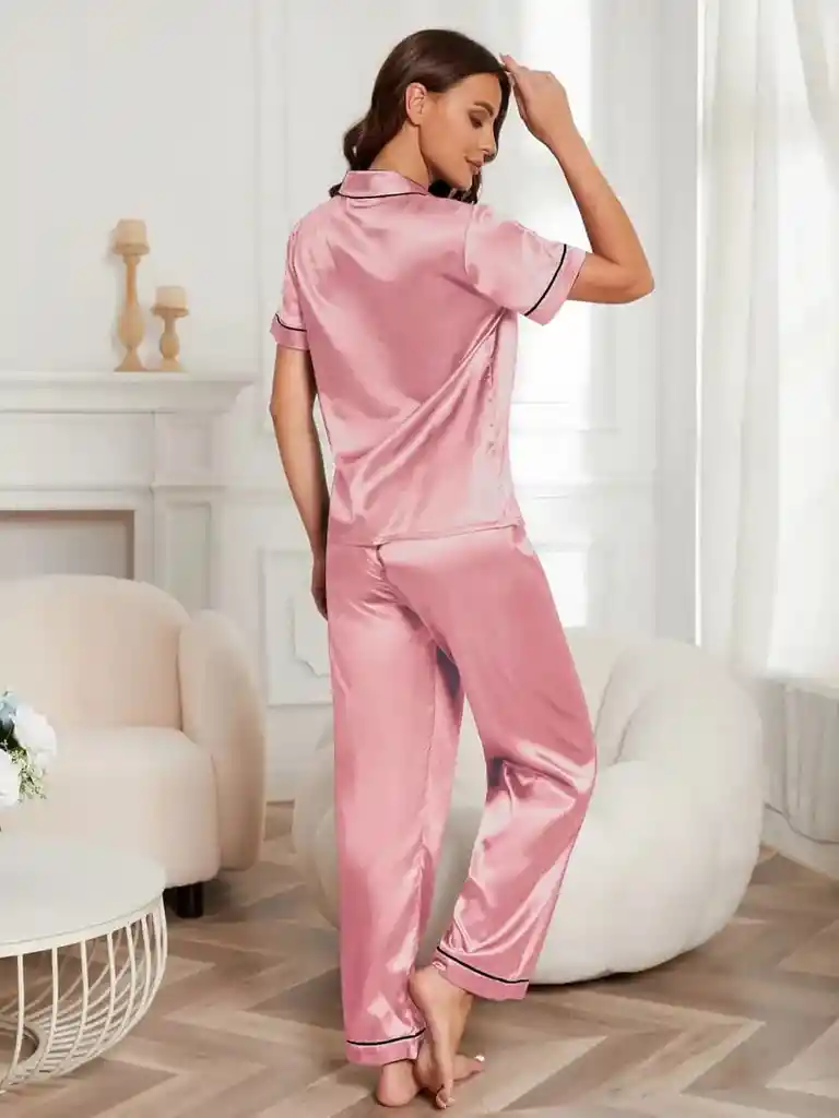 Pijama Dos Piezas En Satin Manga Corta Ribete En Contraste Talla L