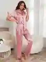 Pijama Dos Piezas En Satin Manga Corta Ribete En Contraste Talla L