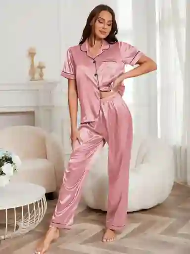 Pijama Dos Piezas En Satin Manga Corta Ribete En Contraste Talla L
