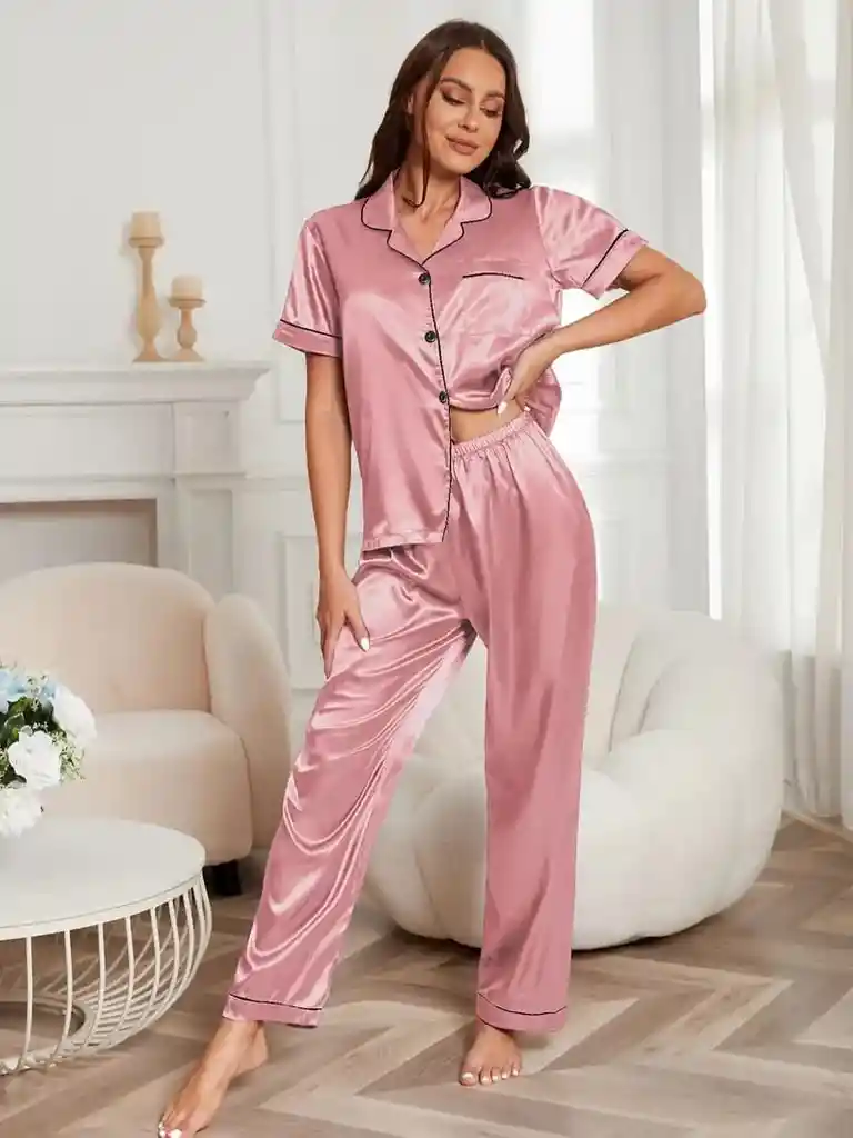 Pijama Dos Piezas En Satin Manga Corta Ribete En Contraste Talla L