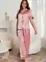 Pijama Dos Piezas En Satin Manga Corta Ribete En Contraste Talla L