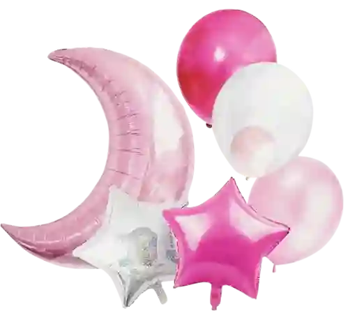Bouquet De Globos Metalizado, Luna Y Estrellas - Rosada