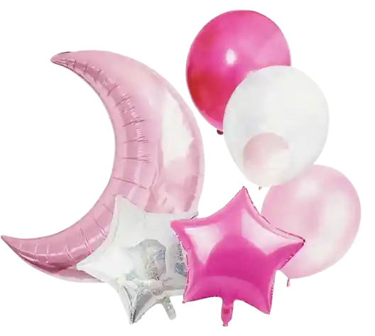 Bouquet De Globos Metalizado, Luna Y Estrellas - Rosada