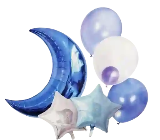 Bouquet De Globos Metalizado, Luna Y Estrellas - Azul