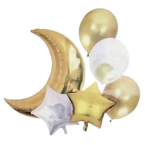 Bouquet De Globos Metalizado, Luna Y Estrellas - Dorado