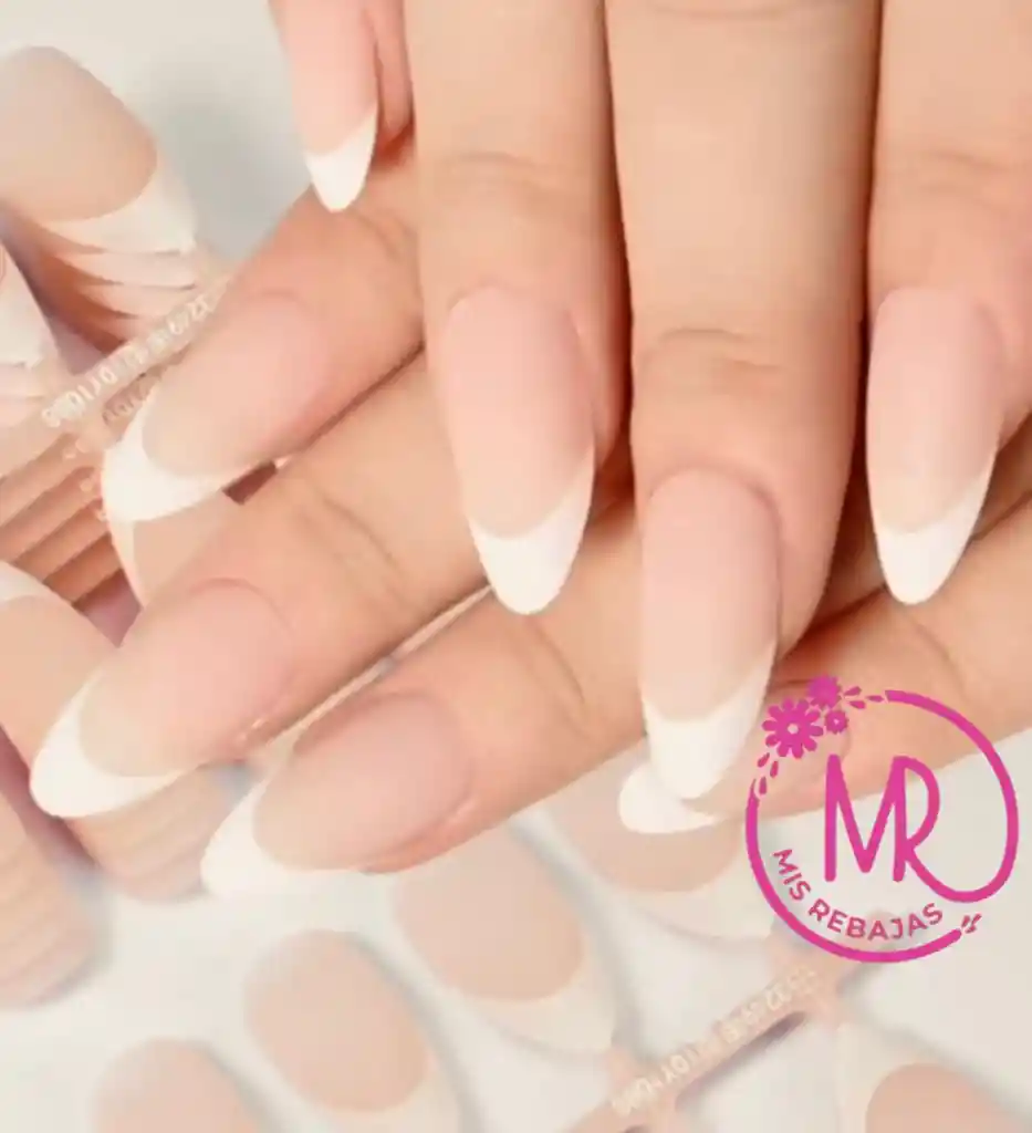 Set 30 Unidades De Uñas Postizas Francesas En Soft Gel Mate En Forma Almendra Listas Para Usar.