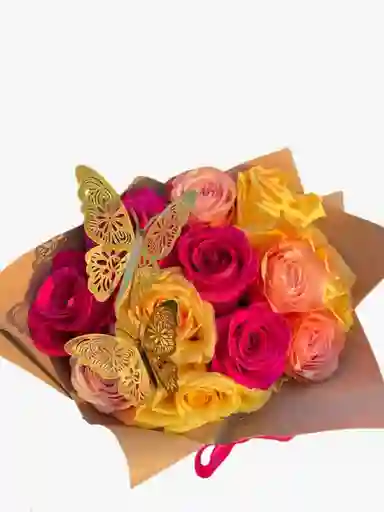Rosas Fucsias, Amarillas, Naranjas Mariposas De Amor