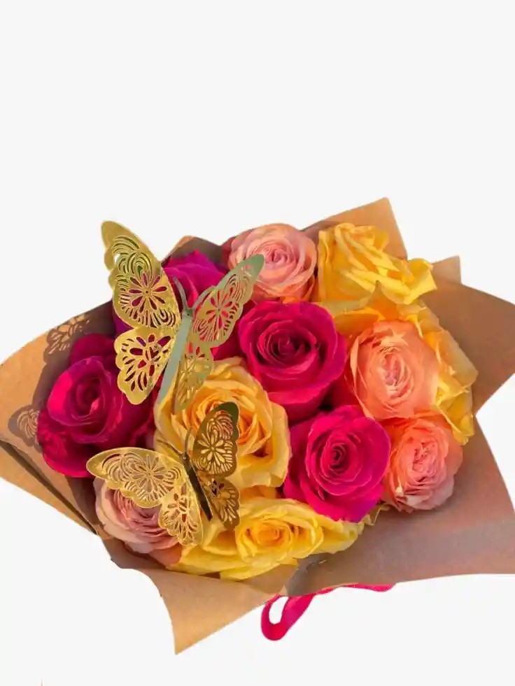 Rosas Fucsias, Amarillas, Naranjas Mariposas De Amor
