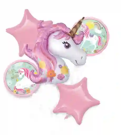 Bouquet Globo Metalizado 5 Piezas Unicornio Colores Vivos