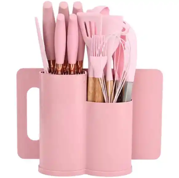 Juego De Recipiente Hermético + Set Utensilios 19 Piezas Rosado