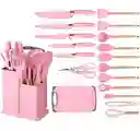 Juego De Recipiente Hermético + Set Utensilios 19 Piezas Rosado