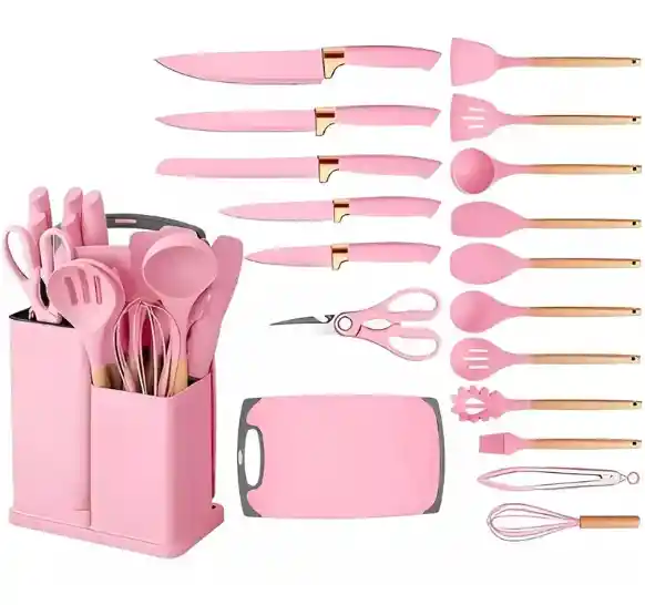 Juego De Recipiente Hermético + Set Utensilios 19 Piezas Rosado