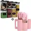 Juego De Recipiente Hermético + Set Utensilios 19 Piezas Rosado