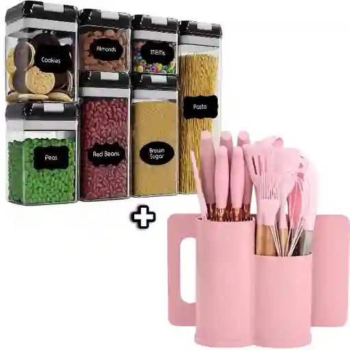 Juego De Recipiente Hermético + Set Utensilios 19 Piezas Rosado