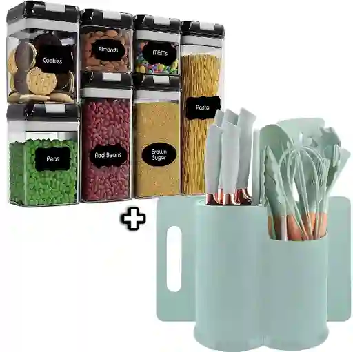 Juego De Recipiente Hermético + Set Utensilios 19 Piezas Verde