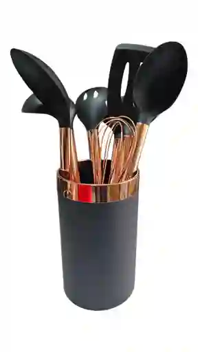 Set Utensilios Cucharas Antiadherentes Silicona 7 Piezas Negro Dorado