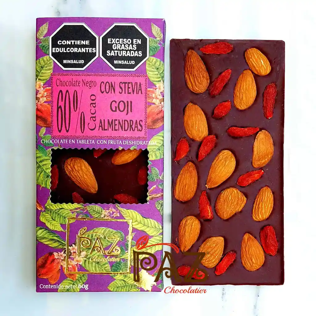 Tableta De Chocolate Con Stevia Goji Y Almendras 60% Cacao