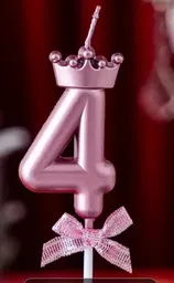 Vela Premium Metalizada Cumpleaños Numero 4 Con Corona Color Rosado