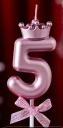 Vela Premium Metalizada Cumpleaños Numero 5 Con Corona Color Rosado