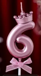 Vela Premium Metalizada Cumpleaños Numero 6 Con Corona Color Rosado