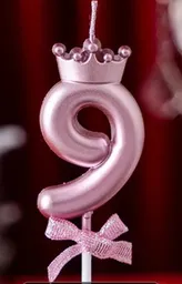Vela Premium Metalizada Cumpleaños Numero 9 Con Corona Color Rosado
