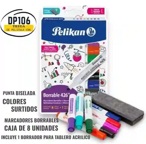 Marcadores Borrables Pelikan 426 – Caja X 8 Und + Borrador Tablero