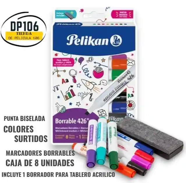Marcadores Borrables Pelikan 426 – Caja X 8 Und + Borrador Tablero