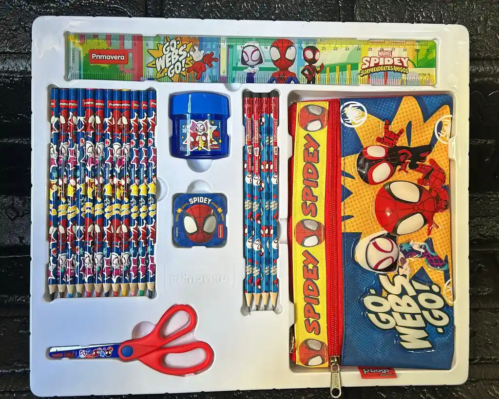 Kit Escolar Spider Man Colores + Cartuchera + Regla + Lapiz Etc