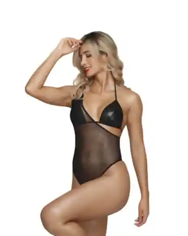 Body Negro Tull Con Top En Cuerina Talla M