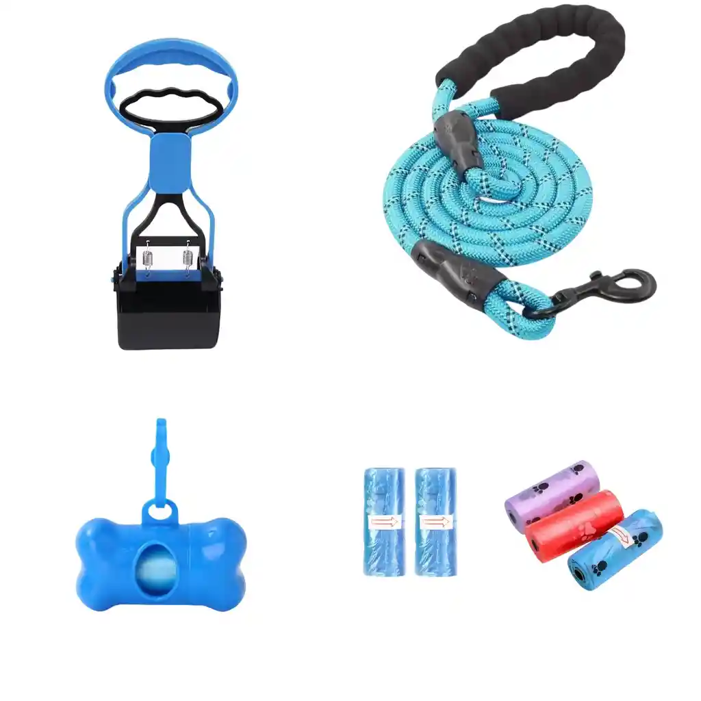 Recogedor Popo Perros + Correa + Porta Bolsa + 5 Rollos Bolsas Combo 4 En 1