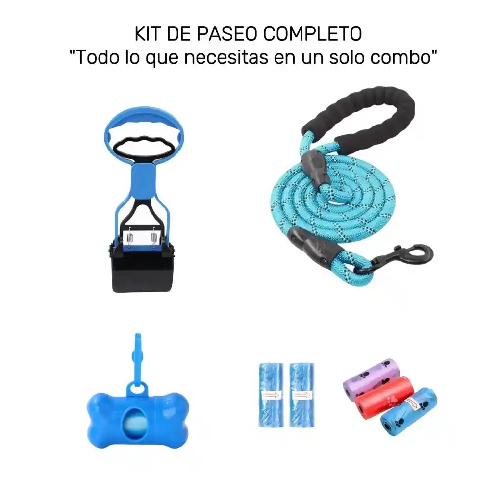 Recogedor Popo Perros + Correa + Porta Bolsa + 5 Rollos Bolsas Combo 4 En 1