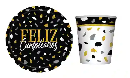 Platos Y Vasos Terrazo Dorado Negro
