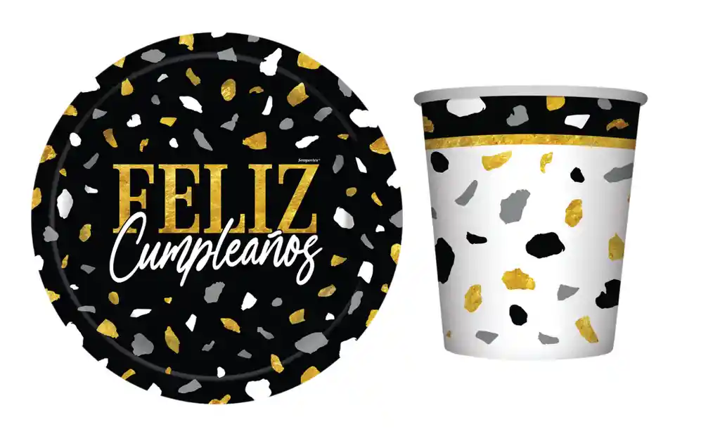 Platos Y Vasos Terrazo Dorado Negro