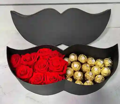 Caja Bigote Hombre Con Rosas Naturales Y Chocolates Ferrero Rocher