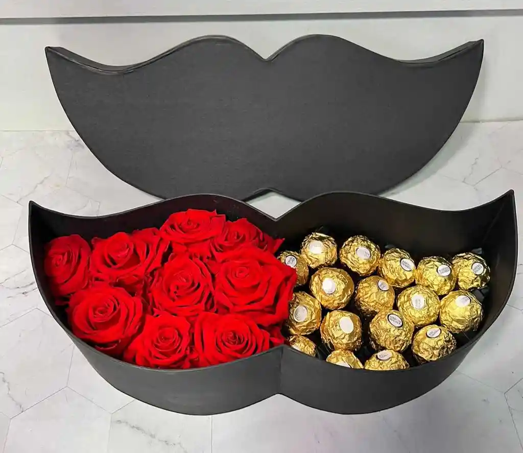 Caja Bigote Hombre Con Rosas Naturales Y Chocolates Ferrero Rocher