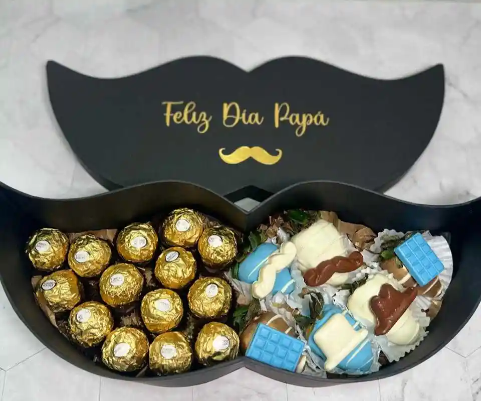 Caja Bigote Hombre Con Chocolates Ferrero Rocher Y Fresas Con Chocolate