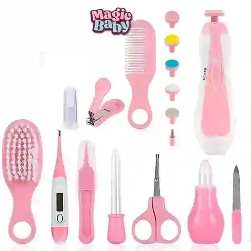 Kit Para Niña Rosado Higiene Manicure Cuidado Bebé Recién Nacido X11 Piezas Con Lima Eléctrica