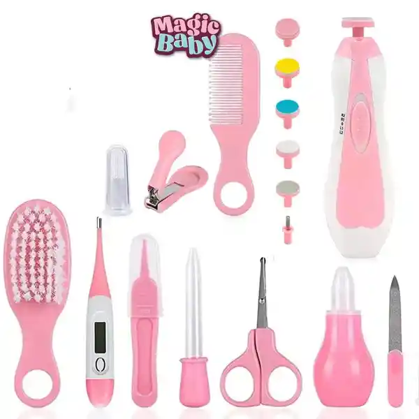 Kit Para Niña Rosado Higiene Manicure Cuidado Bebé Recién Nacido X11 Piezas Con Lima Eléctrica
