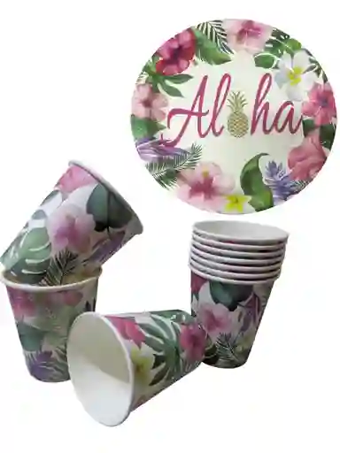 10 Platos Torta10 Vasos Desechables Fiesta Aloha Hawaiana