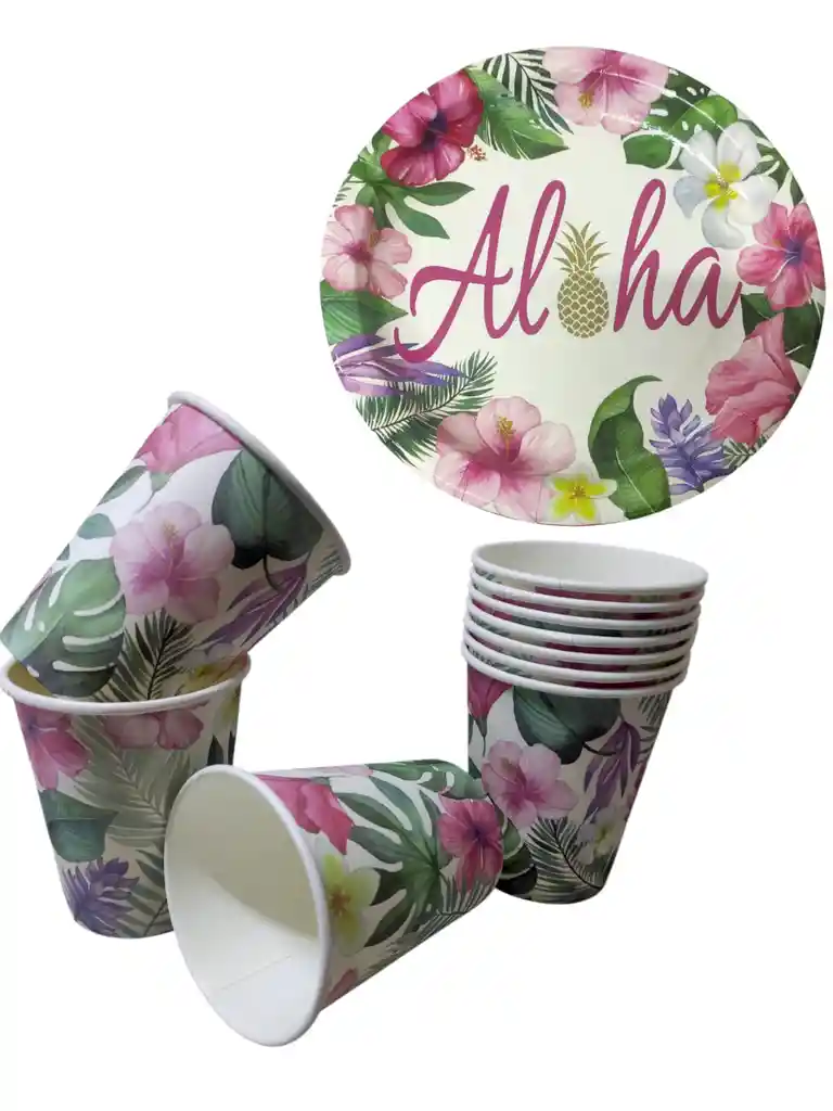 10 Platos Torta10 Vasos Desechables Fiesta Aloha Hawaiana