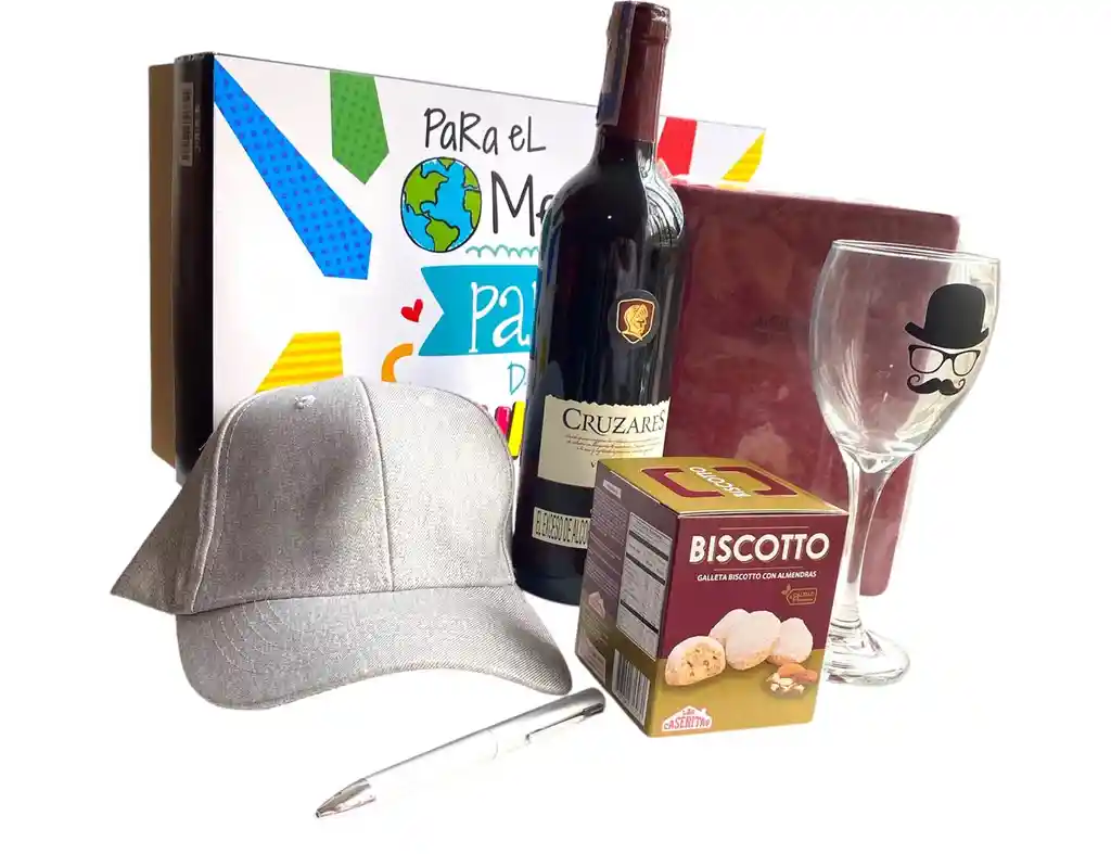 Regalo Especial Dia Del Padre Con Agenda Permanente, Vino Tinto, Copa Y Gorra Para Papà - Dia Del Padre - Para El Mejor Papà Del Mundo Ref 9