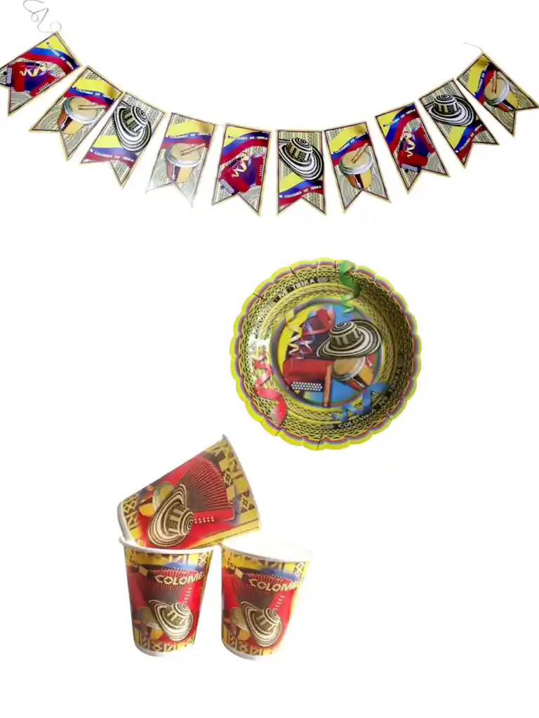 Kit Fiesta Colombiana Vasos Banderin Decoracion Cumpleaños