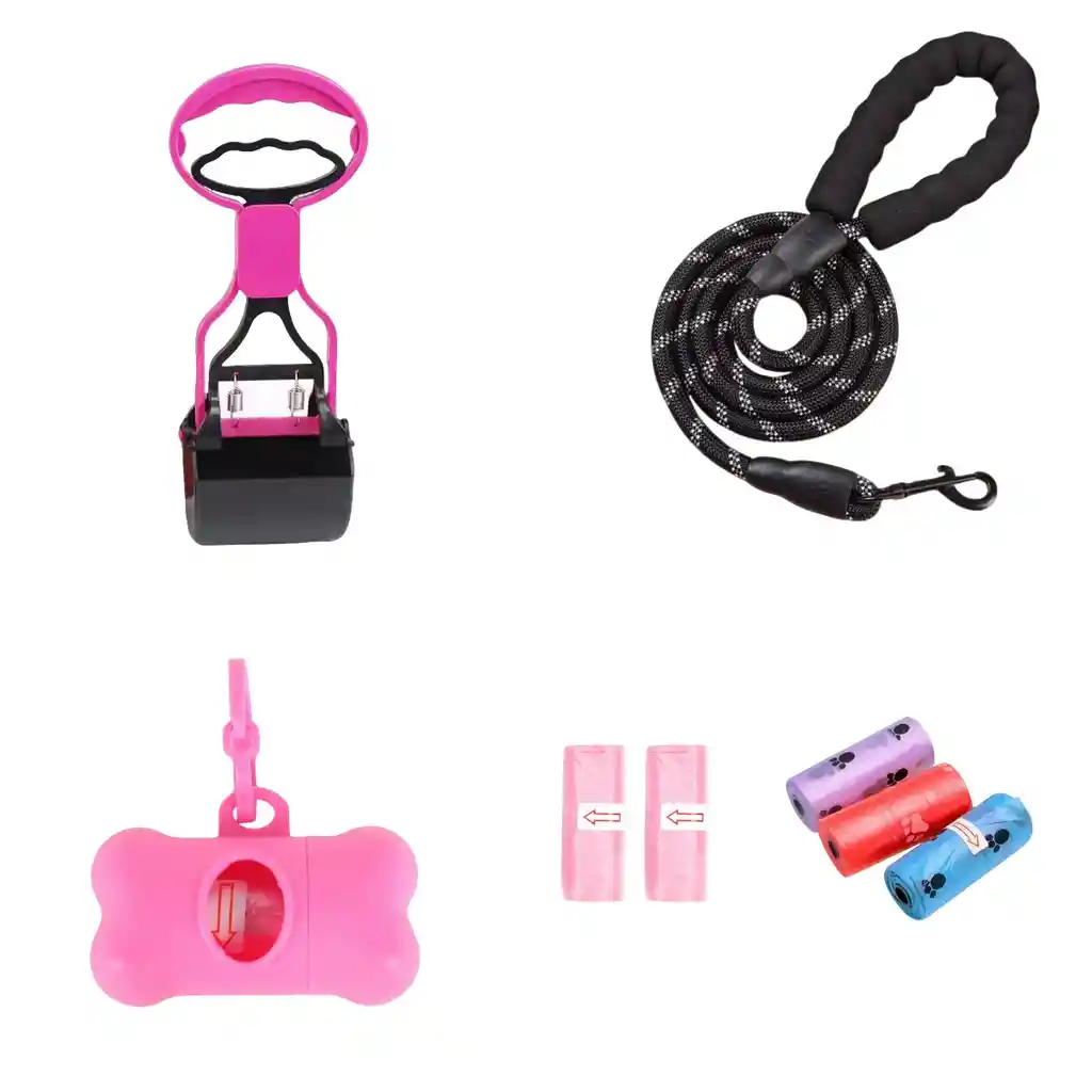 Recogedor Popo Perros + Correa + Porta Bolsa + 5 Rollos Bolsas Combo 4 En 1
