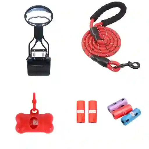 Kit Paseo Para Perros 4 En 1 Correa + Recogedor + Porta Bolsas + 5 Rollos De Bolsas