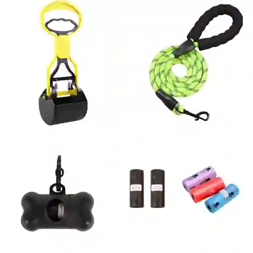 Kit Paseo Para Perros 4 En 1 Correa + Recogedor + Porta Bolsas + 5 Rollos Bolsas