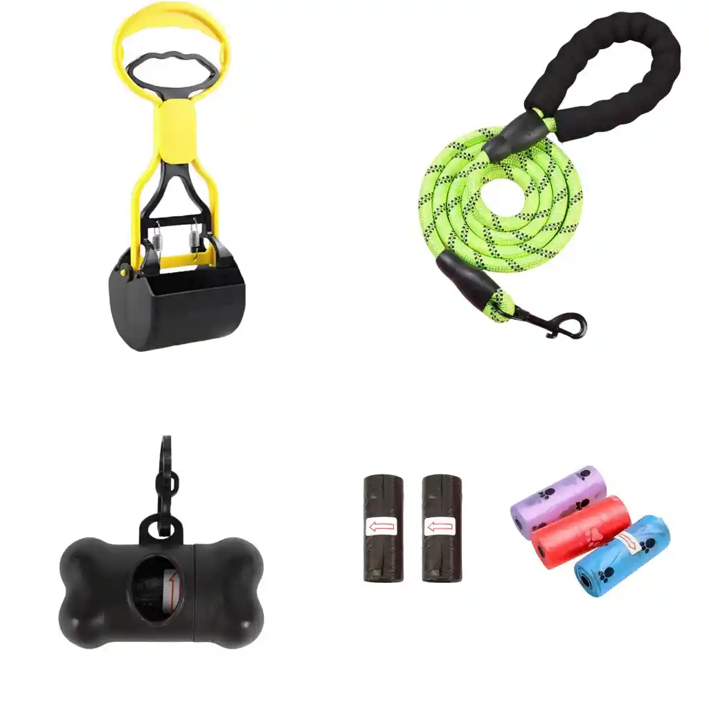 Kit Paseo Para Perros 4 En 1 Correa + Recogedor + Porta Bolsas + 5 Rollos Bolsas