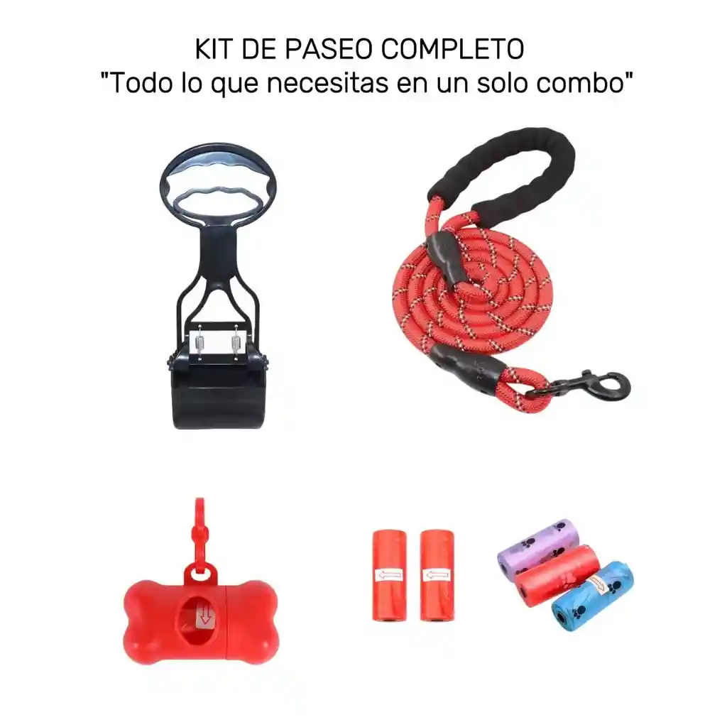 Kit Paseo Para Perros 4 En 1 Correa + Recogedor + Porta Bolsas + 5 Rollos De Bolsas