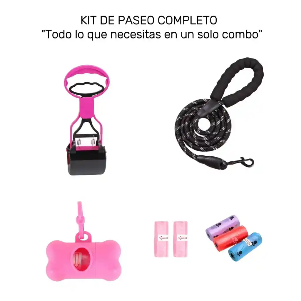 Recogedor Popo Perros + Correa + Porta Bolsa + 5 Rollos Bolsas Combo 4 En 1