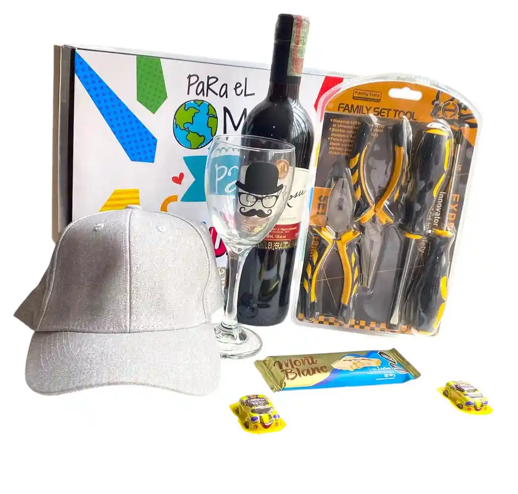 Regalo Especial Dia Del Padre Con Herramienta, Vino Tinto, Copa Y Gorra Para Papà - Dia Del Padre - Para El Mejor Papà Del Mundo Ref 10