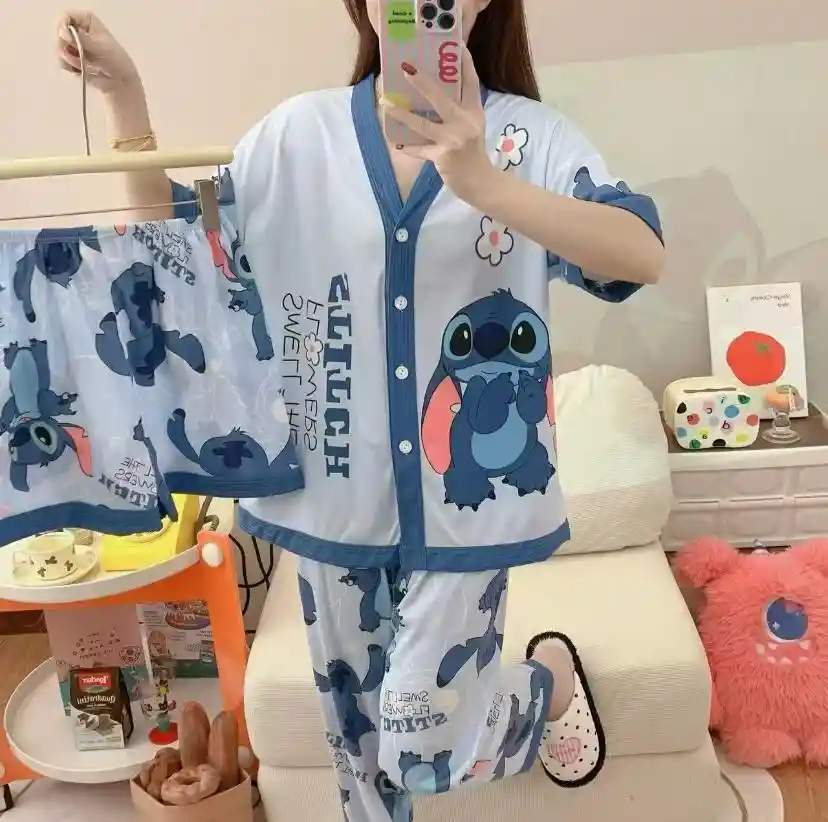 Pijama Tres Piezas Stitch Talla Única (camisa Botón + Pantalón + Short)